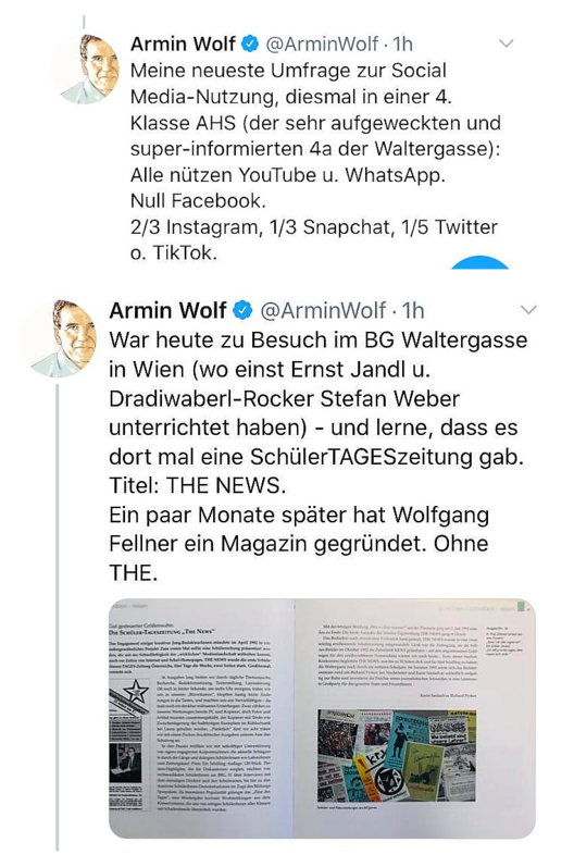 Twitter-Meldung 1: Armin Wolf - ... alle nützen YoutTube und WhatsApp. Null Facebook.Twitter-Meldung 2: Armin Wolf - über die SchülerTAGESzeitung 